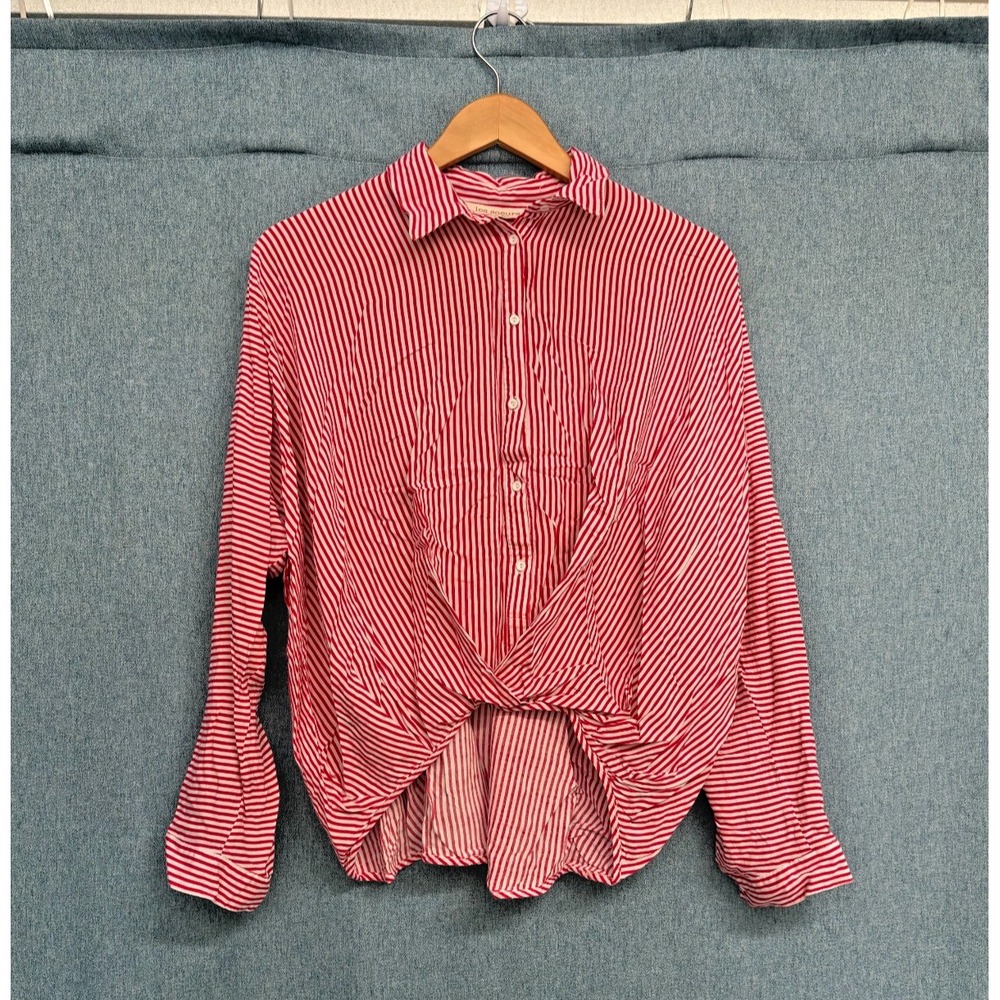 Les Soeurs‎ Med Red White Stripe Button Down Shirt Twisted Knot Front Oversized